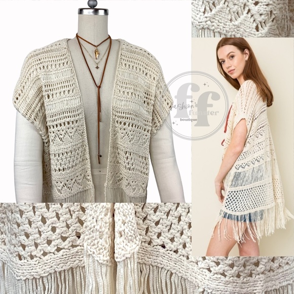 Crochet Knit Fringe Open Front Kimono Cardigan Sweater Shawl Duster Vest Topper - Picture 2 of 11